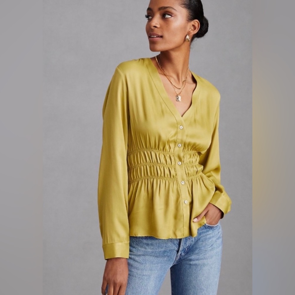 Anthropologie Smocked Satin Blouse in Color Moss - Size Small NWT